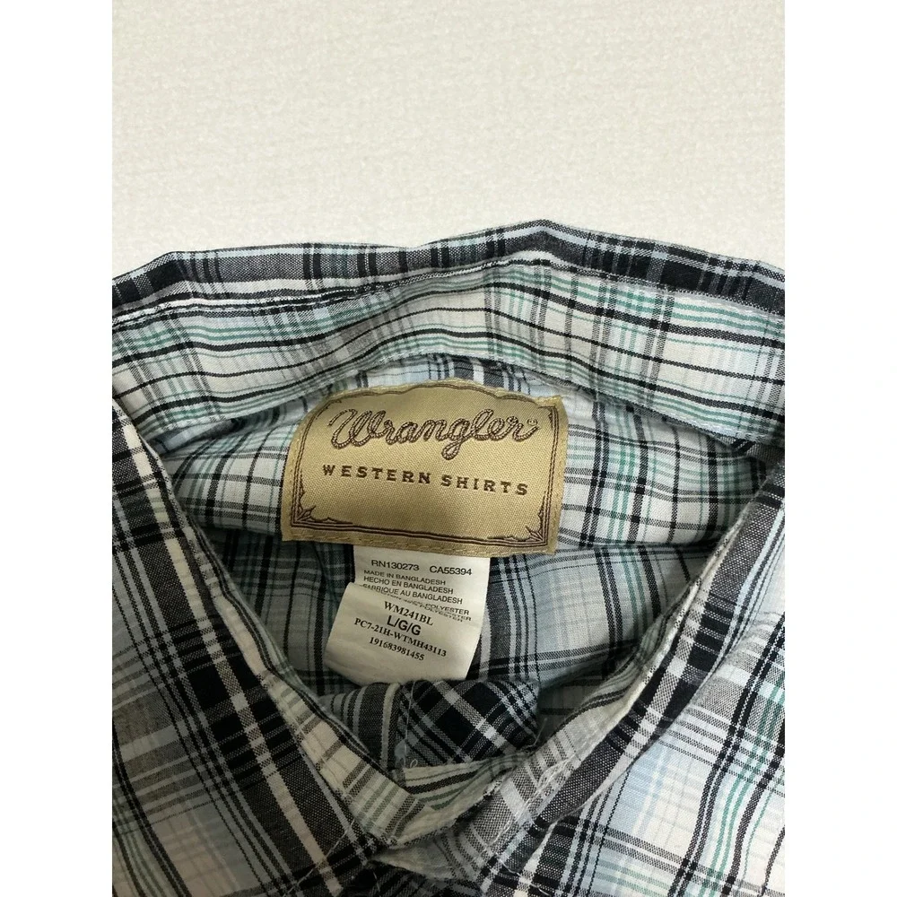 Wrangler Mens Large Western Pearl Snap Shirt Plaid Gray Black Long Sleeve Cowboy